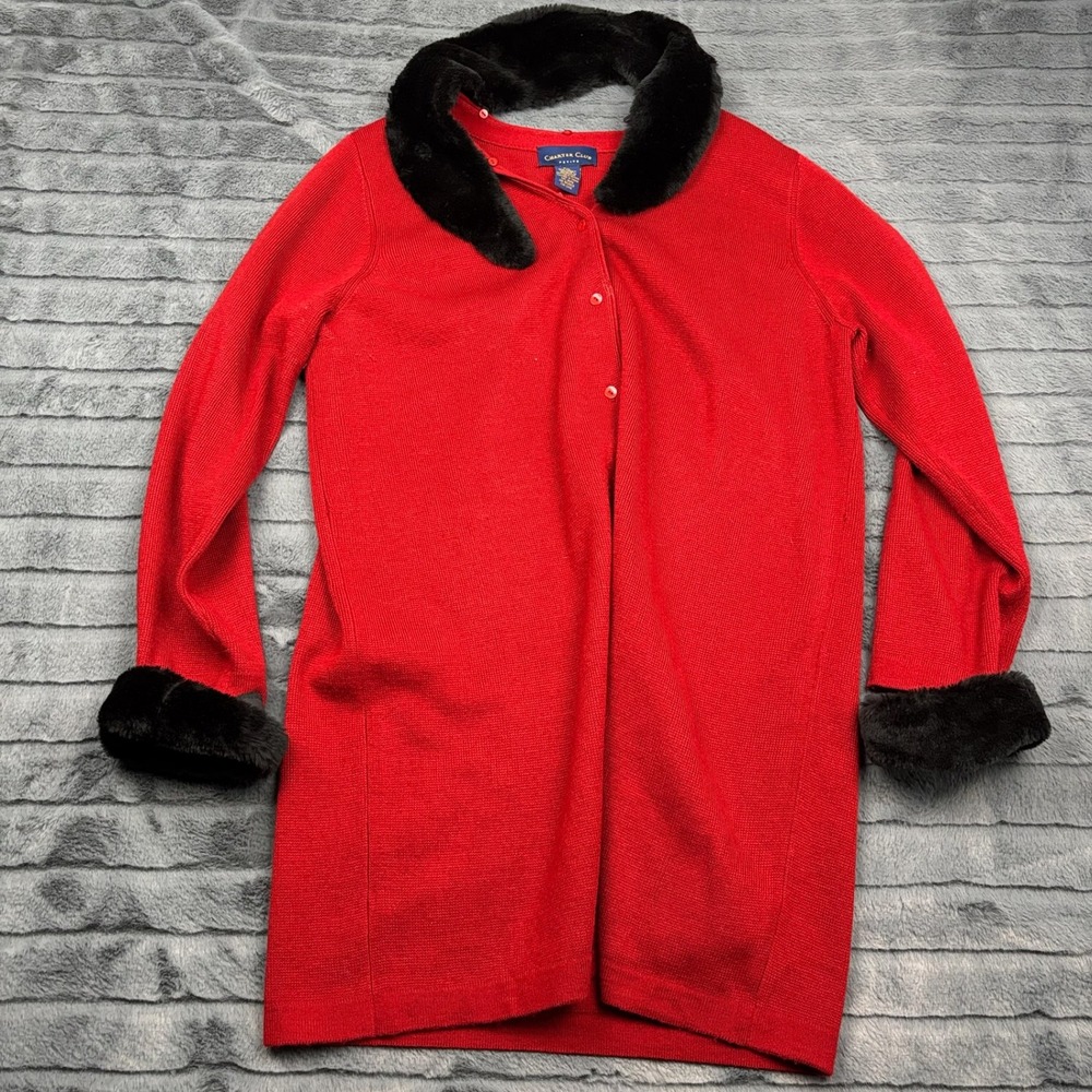 Charter Club Petite Red Cardigan Faux Fur Collar Cuffs Wool Blend Sweater PL